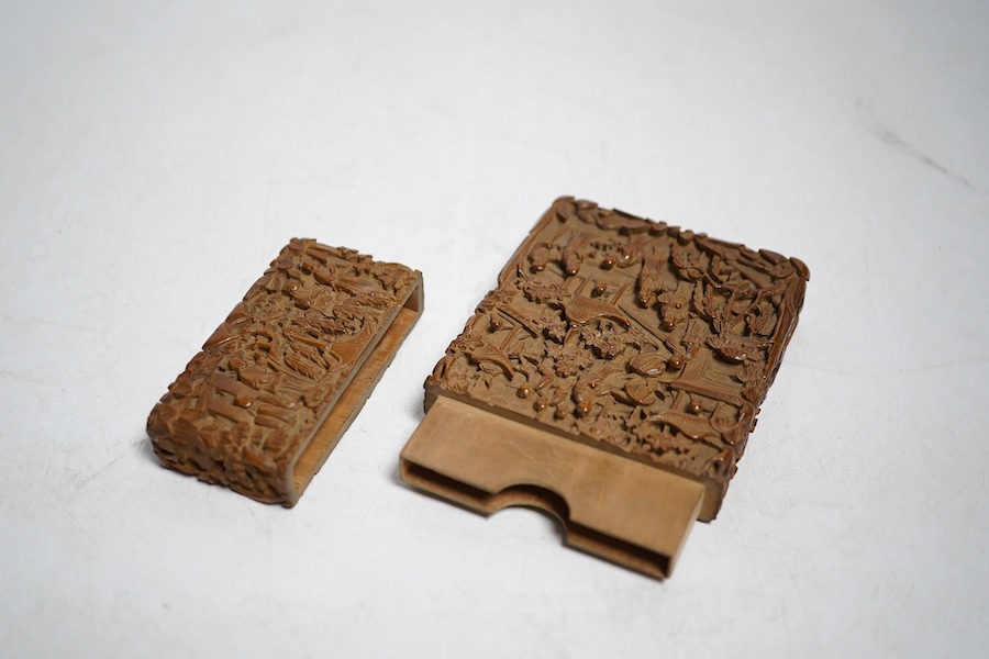 A 19th century Chinese ornately carved sandalwood card case, 11cm high. Condition - good